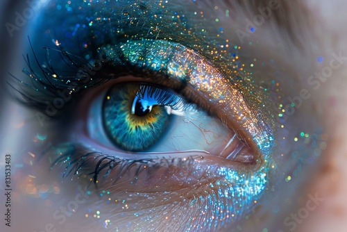Macro shot of an eye with sparkling, multicolored glitter makeup