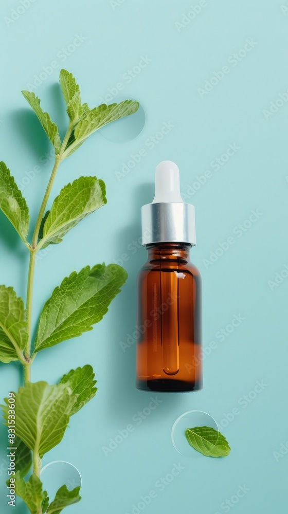 Stevia extract in a brown dropper bottle next to fresh stevia leaves on a light blue background. Stevia extract in a brown dropper bottle next to fresh stevia leaves on a light blue background.