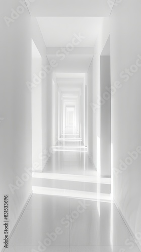 White hallway. White marble columns and walls inside building.
