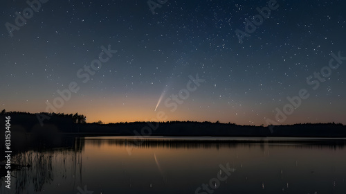 A beautiful night sky with a shooting star and a lake in the background