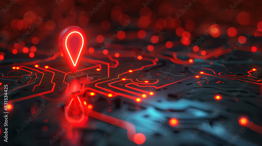 a glowing red location marker on what appears to be a digital map with illuminated pathways. The overall composition resembles a circuit board or a stylized city map at night a glowing red location marker on what appears to be a digital map with illuminated pathways. The overall composition resembles a circuit board or a stylized city map at night