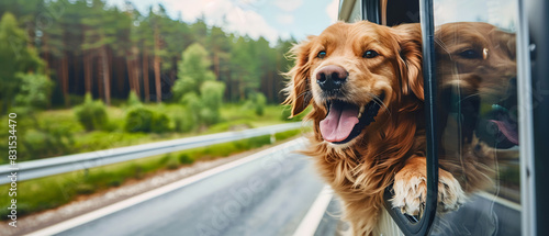 dog looking out the window of a motor home, happy to go on vacation with his owners - summer vacation concept - copy space photo