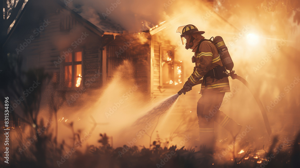 A fireman extinguishes a fire in a house. A fireman extinguishes a fire in a house.