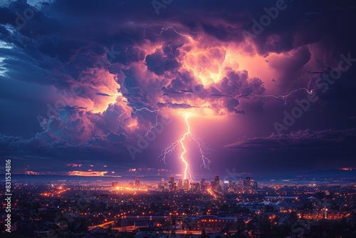 Cityscape electric storm  breathtaking skyline lit up by lightning