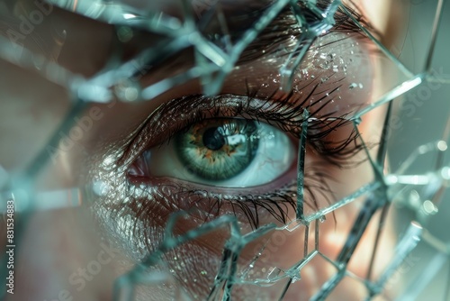 Detailed view of an eye seen through shattered glass, conveying a sense of fragility and vulnerability