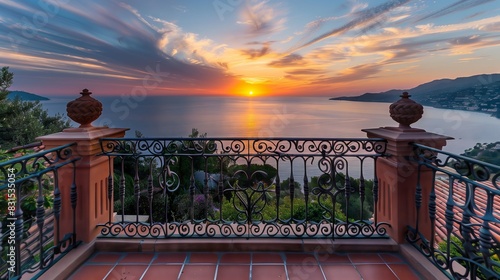 A Mediterranean balustrade with terracotta tiles and wrought iron faces a vibrant sunset over the sea. photo