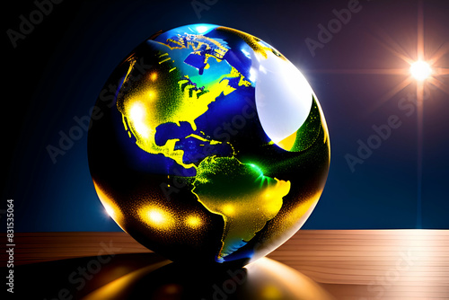 Glass globe sphere with africa and europe continents with golden lights and chain lights above a blue abstract background. World economy and trade.