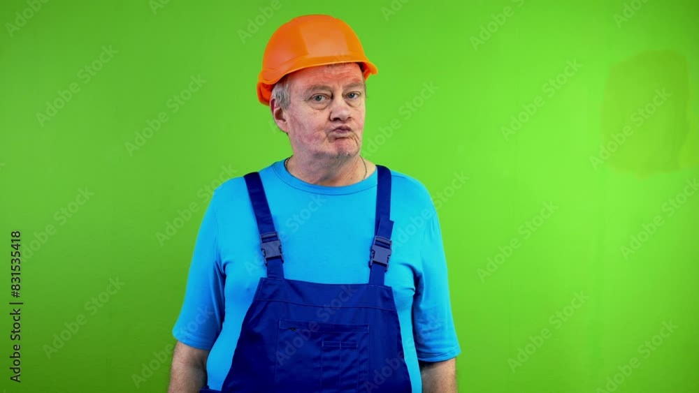 Senior worker in overalls and helmet says no, shaking head, looking at camera. Senior worker in overalls and helmet says no, shaking head, looking at camera.