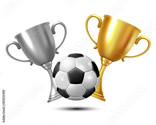 Golden cup, silver cup, and soccer ball. Vector 3D clipart isolated on white background.