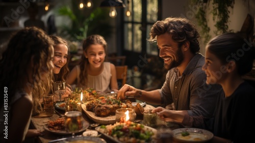 A happy family sharing a dinner at a rustic restaurant with warm  ambient lighting