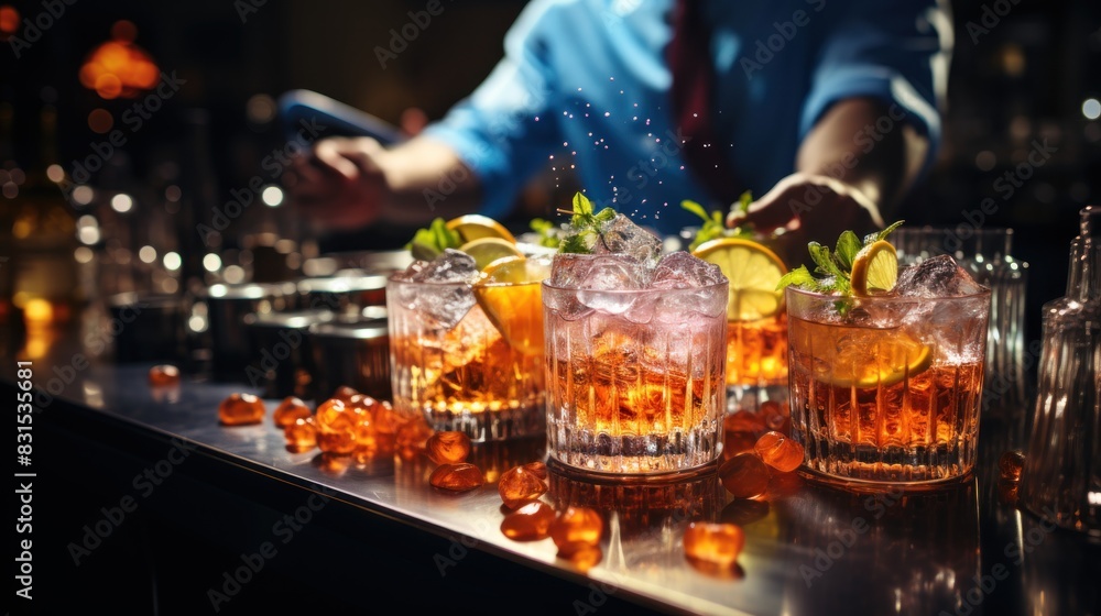Refreshing drinks illuminated by warm light with bartender in background, emitting a radiant atmosphere Refreshing drinks illuminated by warm light with bartender in background, emitting a radiant atmosphere