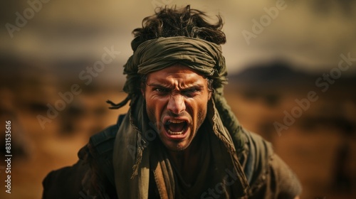 An intense portrait of a man yelling with a ferocious expression in the barren desert setting photo