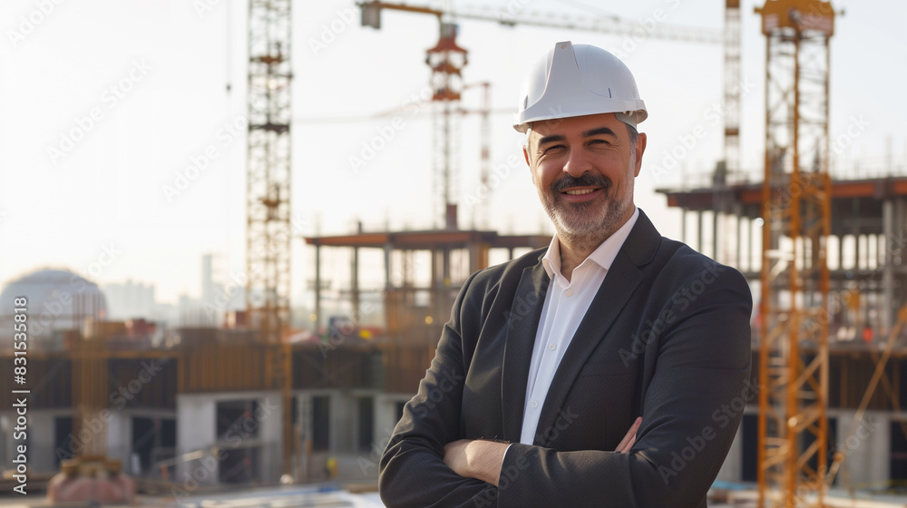Man engineer standing on construction site. Engineer working on outdoor project Man engineer standing on construction site. Engineer working on outdoor project