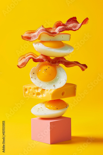 A stack of delicious pieces of bacon, eggs, and cheese on yellow pastel background. Minimal food still life concept.  © LyubaAlex