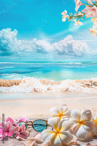 Tropical beach scenery with flowers and sunglasses on the sand against a vibrant blue sky