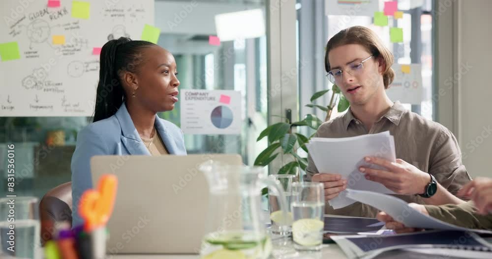 Business people, documents and teamwork with computer for collaboration, solution and discussion in meeting. Creative group and analyst with proposal for online target, research and communication Business people, documents and teamwork with computer for collaboration, solution and discussion in meeting. Creative group and analyst with proposal for online target, research and communication