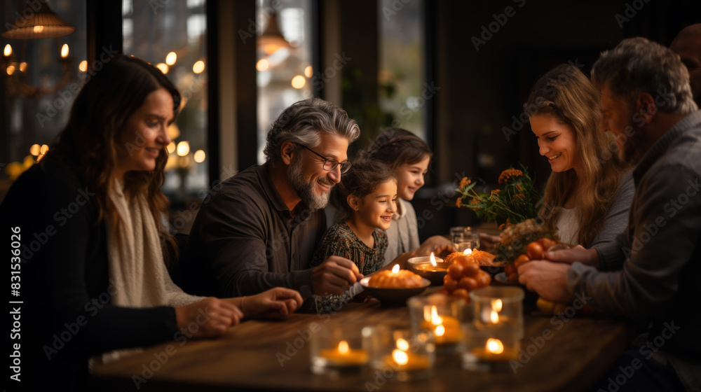 A warm and festive family gathering around the dinner table, sharing a meal and a special moment in a cozy candlelit setting