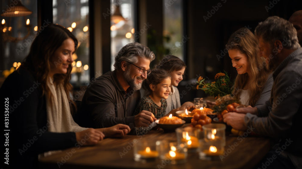 A warm and festive family gathering around the dinner table, sharing a meal and a special moment in a cozy candlelit setting A warm and festive family gathering around the dinner table, sharing a meal and a special moment in a cozy candlelit setting