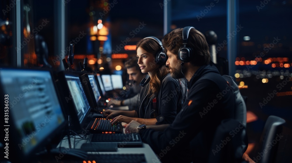 A focused team of professionals operates in a highly-technical workplace environment, showcasing teamwork and high-tech job roles A focused team of professionals operates in a highly-technical workplace environment, showcasing teamwork and high-tech job roles