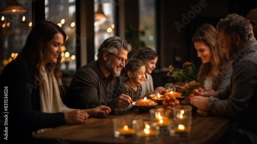 A warm and festive family gathering around the dinner table  sharing a meal and a special moment in a cozy candlelit setting