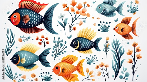 An illustration featuring stylized fish in vibrant colors among decorative aquatic plants  reflecting a playful and artistic representation of marine life