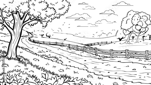 A serene countryside landscape coloring page with trees, meadows and a winding river. The scene is depicted in black lines on white paper, perfect for a children's illustration style