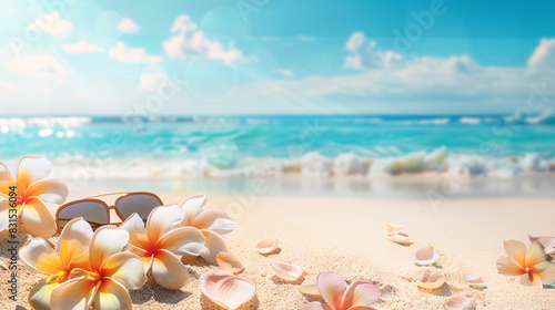 Scenic view of a sunny beach with frangipani flowers and sunglasses on sand