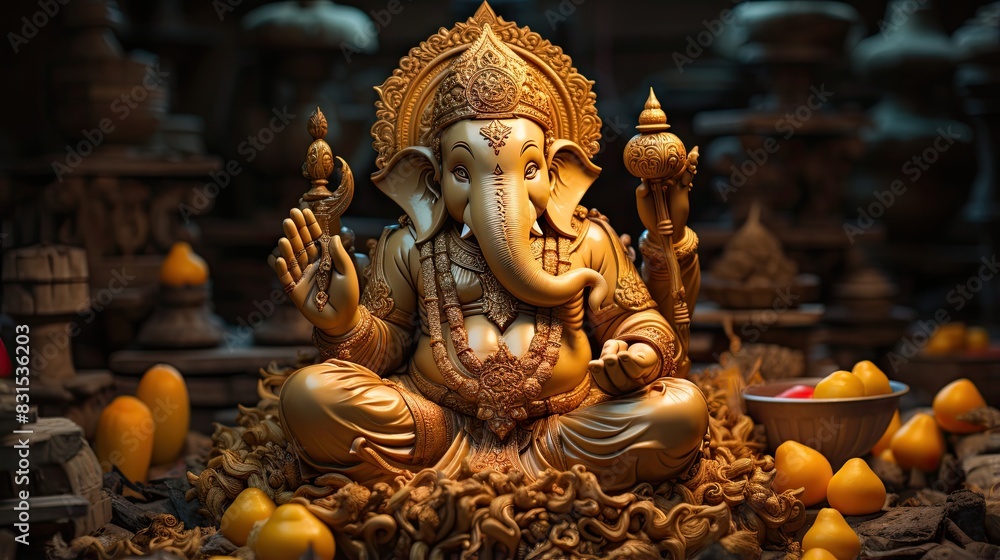 Intricately crafted golden statue of Ganesha with offerings and traditional decor