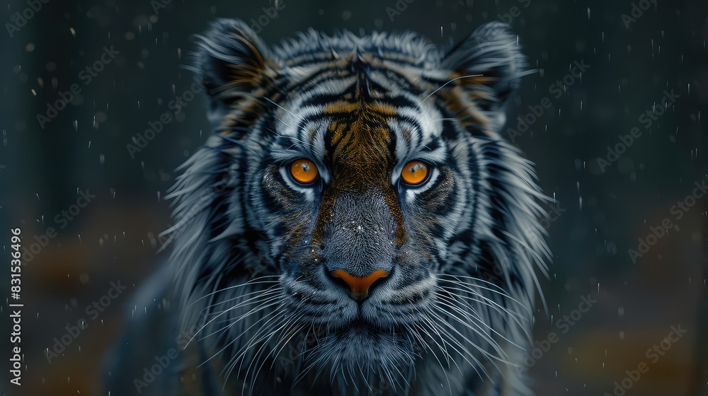 Obraz premium Futuristic Vision of a Majestic Tiger: A Blend of Fear and Beauty in a Dark, Mysterious Setting