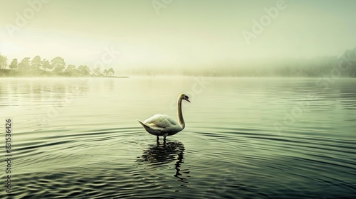  A white swan in a foggy lake amidst misty trees