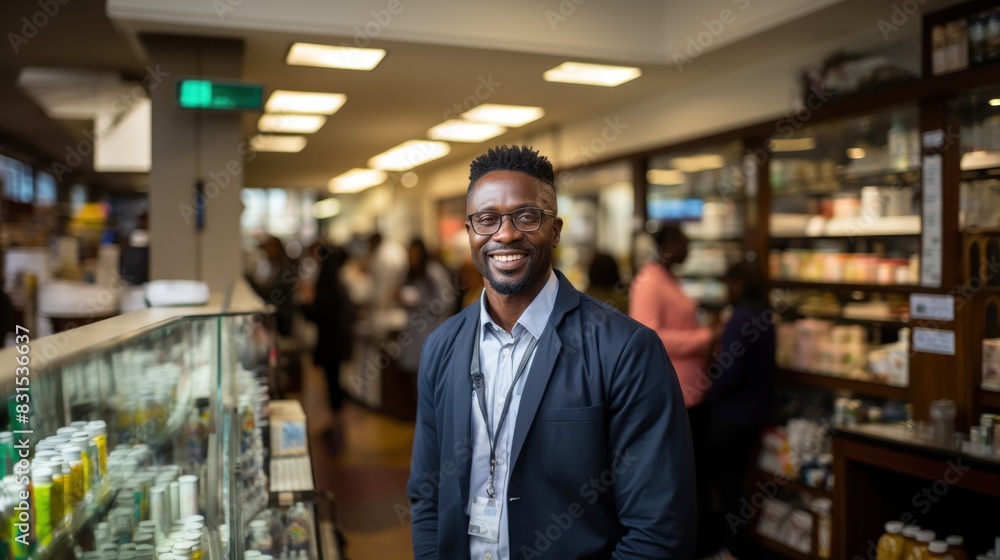 A confident African man with glasses, standing in a pharmacy with blurred customers in the background A confident African man with glasses, standing in a pharmacy with blurred customers in the background