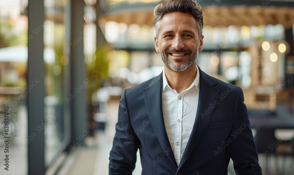 Fototapeta premium A half-body portrait of a male professional insurance expert, exuding trust and reliability, standing in a spacious and bright modern office setting