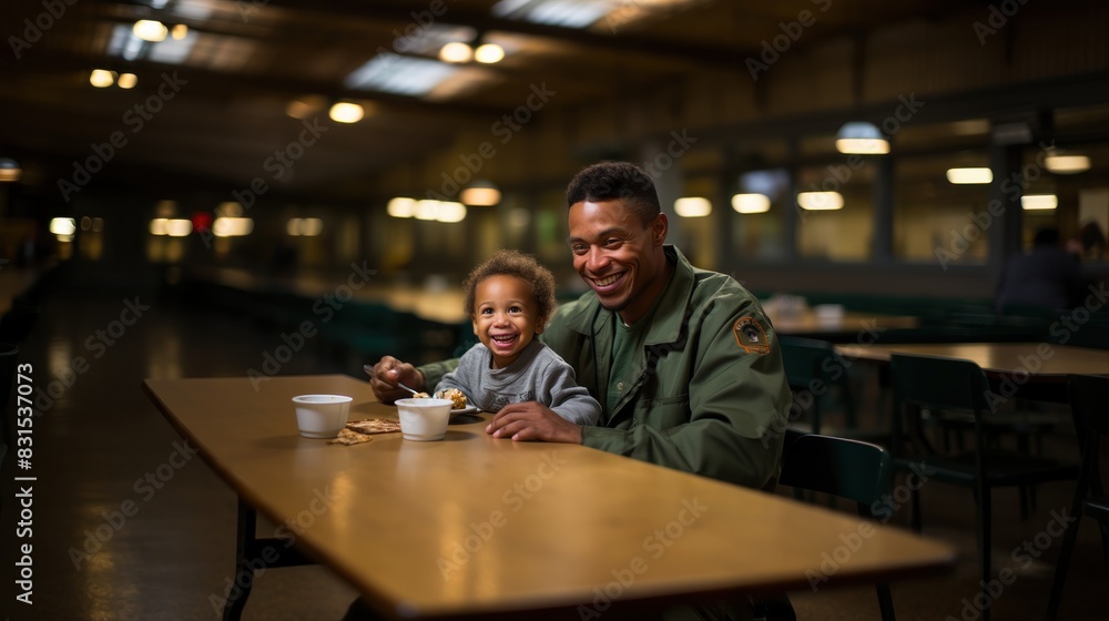 A uniformed father shares a happy moment with his child while eating at a cafeteria table