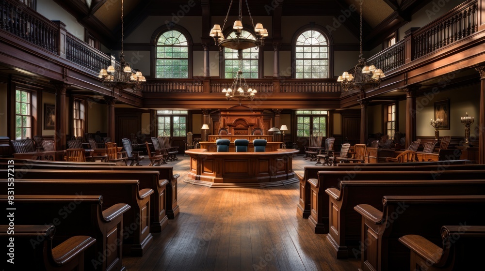 A grand courtroom interior with wooden benches, judges' bench, and ornate chandeliers beautifully lit