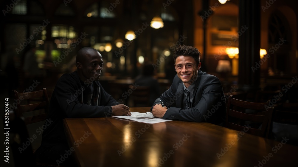 Two smiling business partners having a professional meeting in a warmly lit cafe environment Two smiling business partners having a professional meeting in a warmly lit cafe environment