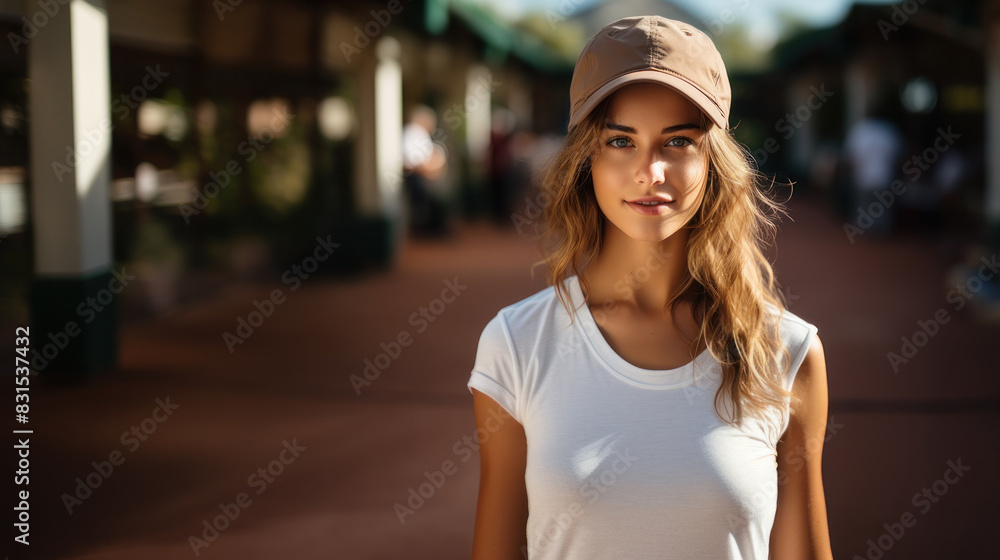Portrait of a young woman in a casual cap smiling at the camera, with soft sunlight in the background