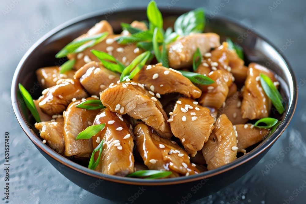 Teriyaki chicken topped with sesame seeds and green onions in an elegant black bowl - culinary presentation - recipe inspiration - gourmet dining Teriyaki chicken topped with sesame seeds and green onions in an elegant black bowl - culinary presentation - recipe inspiration - gourmet dining
