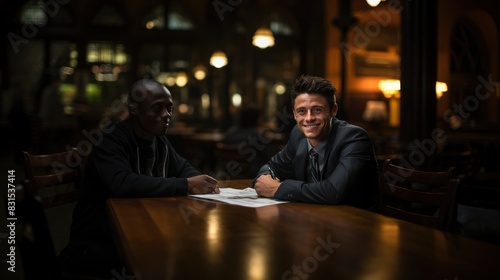 Two smiling business partners having a professional meeting in a warmly lit cafe environment