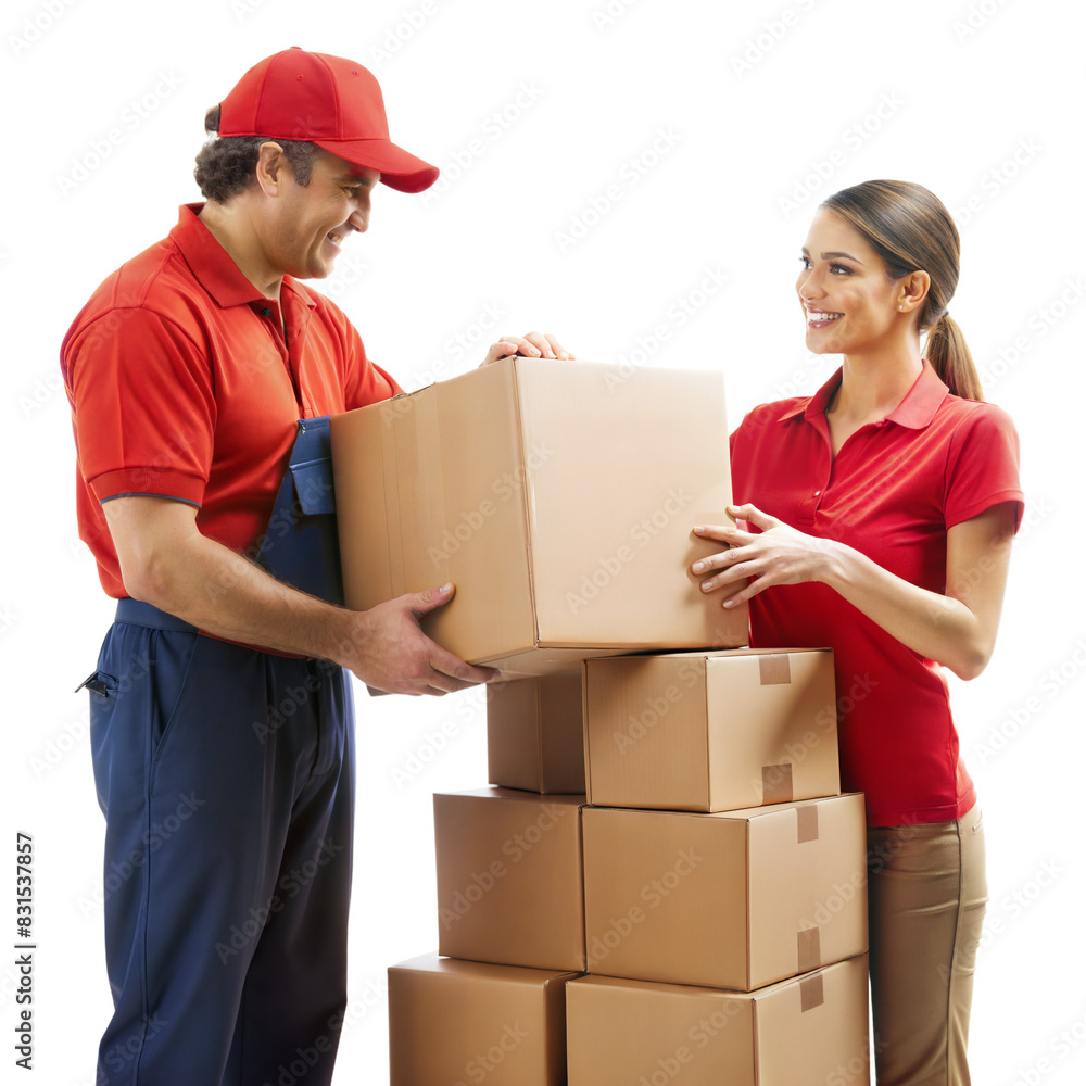 Two delivery workers in red uniforms stacking cardboard boxes indoors, smiling and collaborating Two delivery workers in red uniforms stacking cardboard boxes indoors, smiling and collaborating