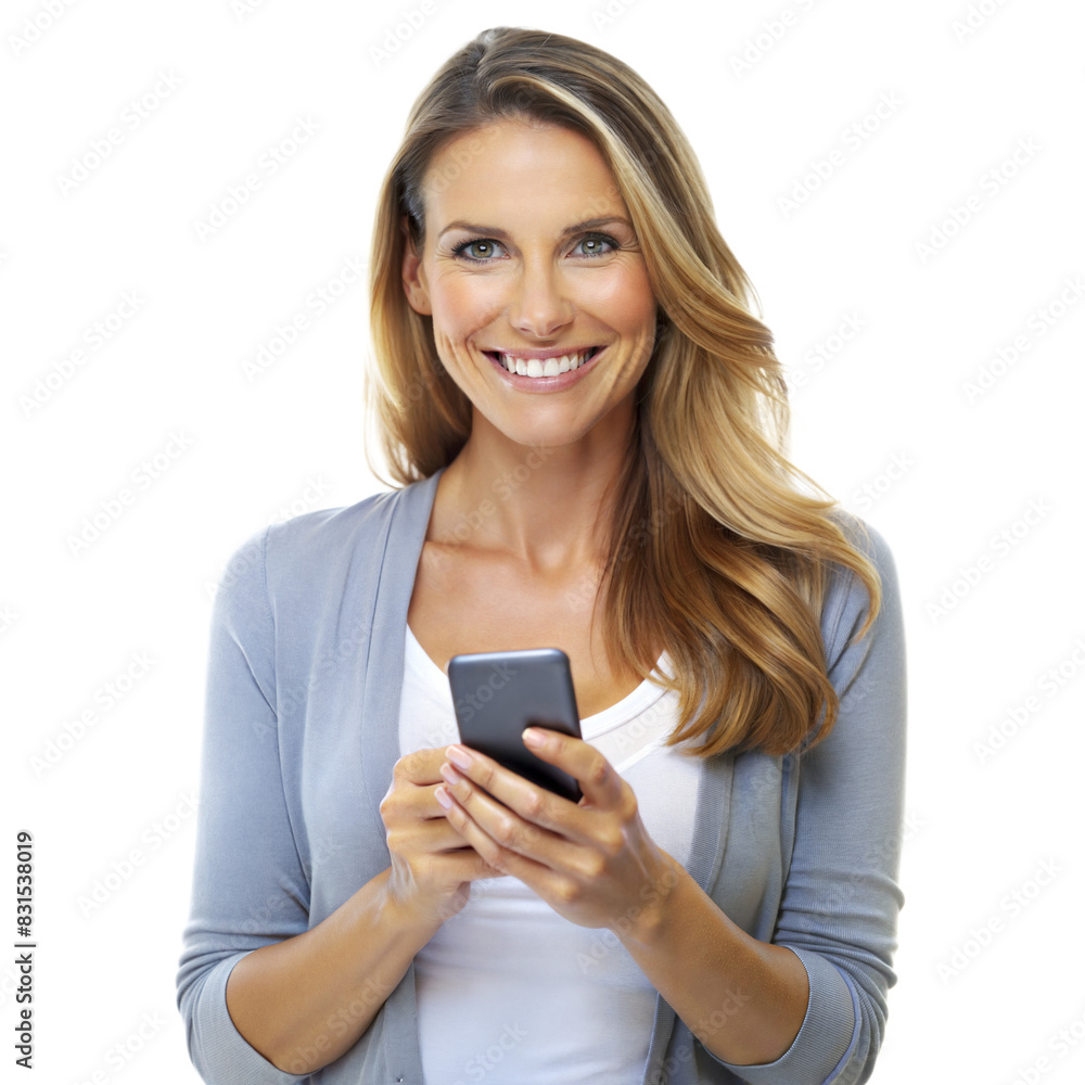 Smiling woman with blonde hair uses a smartphone while wearing casual attire Smiling woman with blonde hair uses a smartphone while wearing casual attire