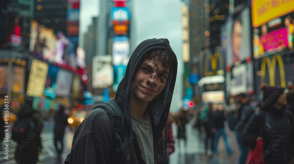 homeless young man among the street with blurred cityscape in the background homeless young man among the street with blurred cityscape in the background