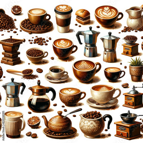 Rich Coffee Variety Illustrations with Cups and Brewing Tools photo