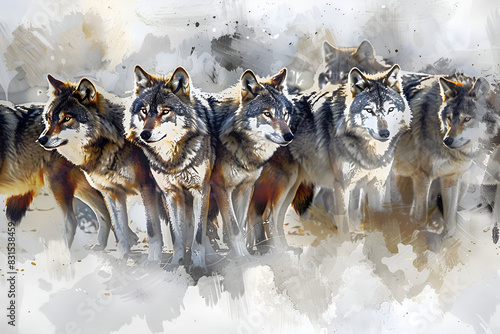 Artistic image of a wolf pack. collection of canvas art animal paintings  in watercolor style. generative ai