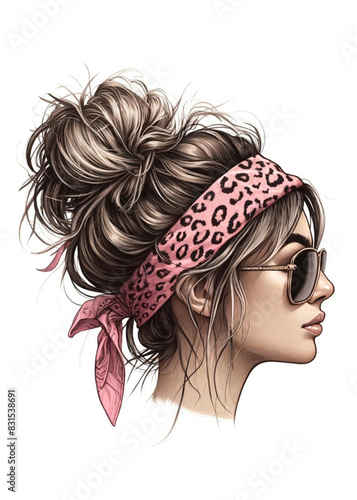 Beautiful Woman Wearing Sunglasses & a Pink Leopard Print Bandana Headband, with messy bun