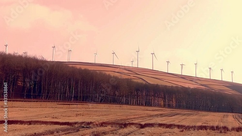   A dirt road leads to a row of windmills perched on a hill  with trees on the opposite side