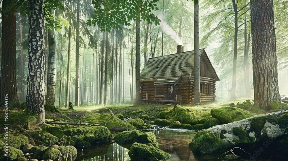 A mossy log cabin sits in a forest, with a rock-lined stream running through the foreground A mossy log cabin sits in a forest, with a rock-lined stream running through the foreground