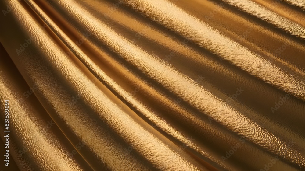 Fototapeta premium Luxurious Gold Foil Textured Wavy Fabric, Shiny Flowy Cloth, Golden Faux Leather Background, Museum or Gallery Backdrops for Product Photography for Elegant Glamorous Design Projects, 3D rendering