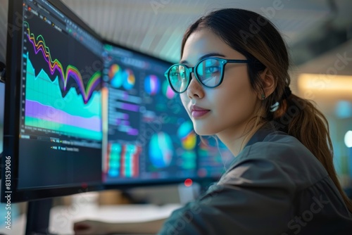 A woman with glasses gazes at a computer screen for entertainment