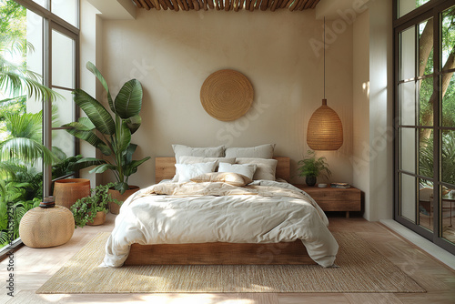 A calming nature-themed bedroom  with earthy tones and natural elements  providing a peaceful sleep environment.
