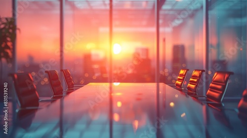 Elegant conference room with a large table and leather chairs, bathed in the warm orange glow of a sunset, overlooking a cityscape. © Prostock-studio